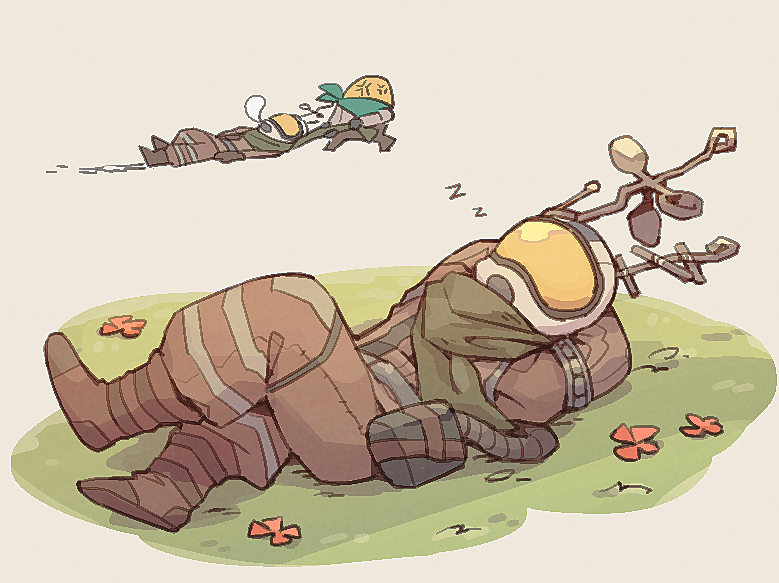 2others, arms_behind_head, brown_pants, chert_(outer_wilds), covered_face, crossed_legs, dragging, full_body