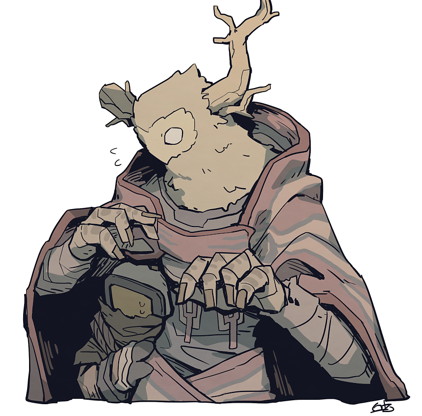 2others, alien, androgynous, broken_horn, brown_horns, cropped_torso, flying_sweatdrops, hatchling_(outer_wilds)