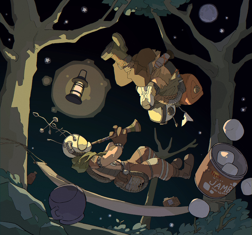 2others, brown_pants, can, covered_face, cup, floating, flute, food