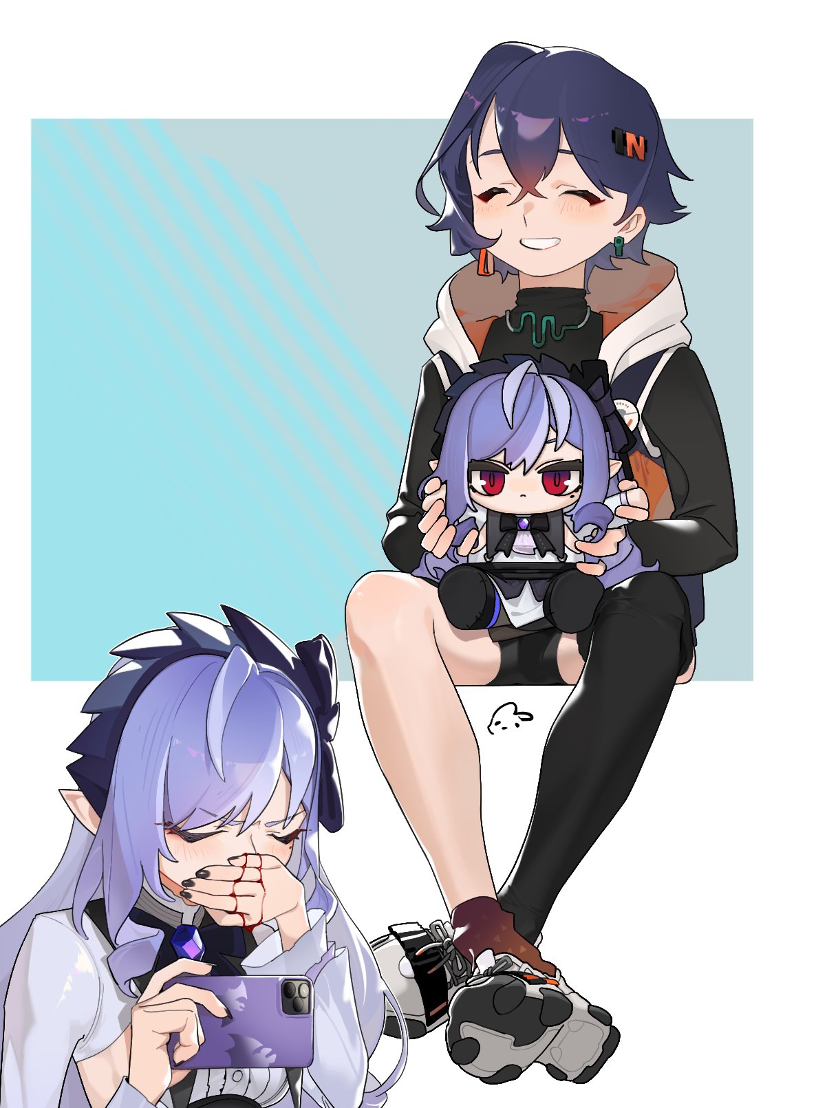 2girls, ascot, belle_(zenless_zone_zero), black_nails, black_shirt, blood, blue_hair, bow