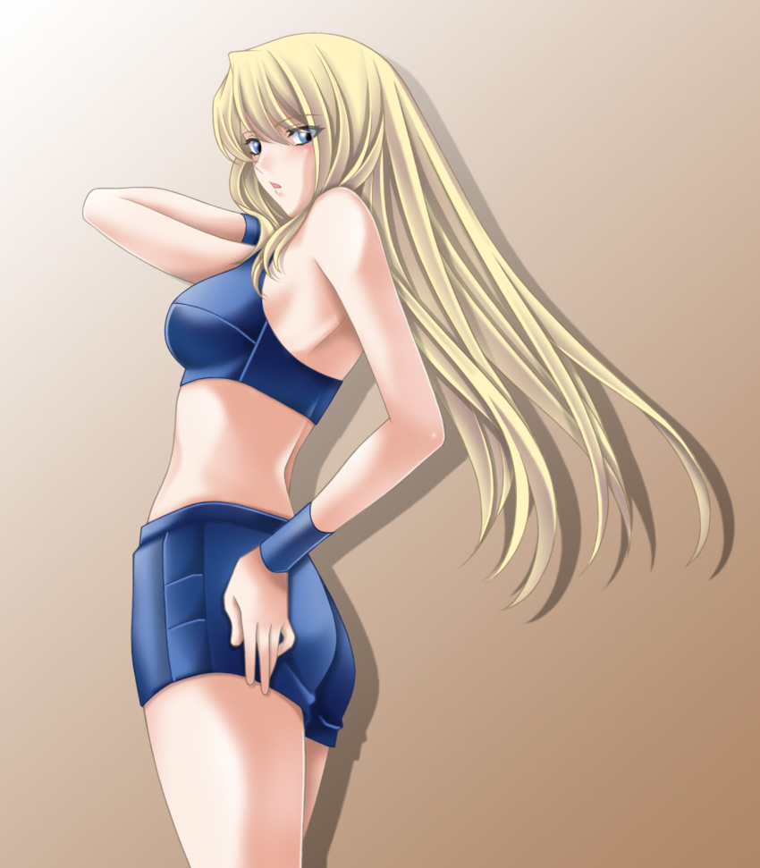 1girl, blonde_hair, blue_eyes, fusion_suit, highres, long_hair, looking_back, metroid