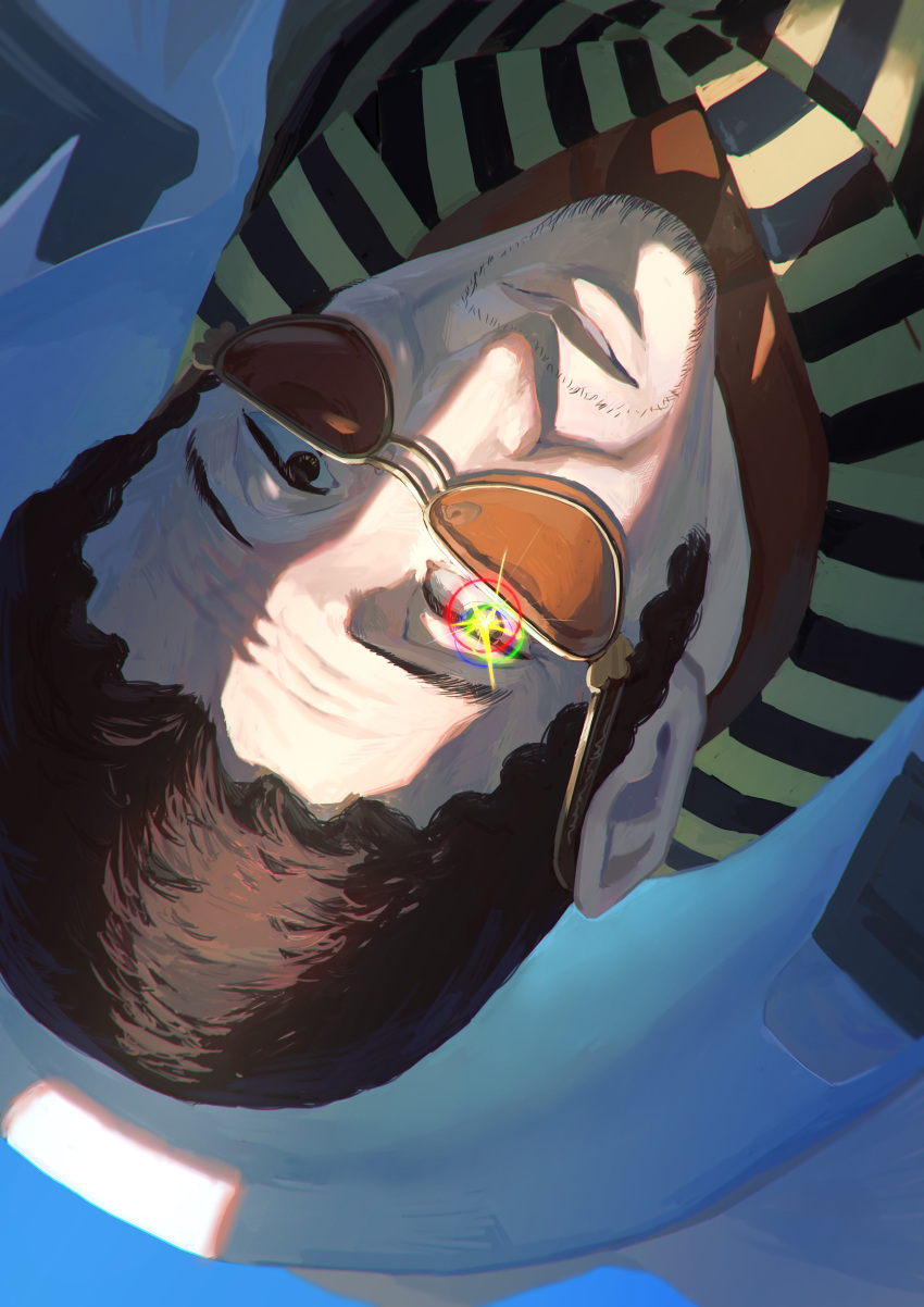 1boy, absurdres, borsalino_(kizaru), coat, coat_on_shoulders, facial_hair, highres, male_focus, mustache_stubble, one_piece, orange-tinted_eyewear, solo, striped_suit, stubble, suit, sunglasses, tinted_eyewear, wvq0m