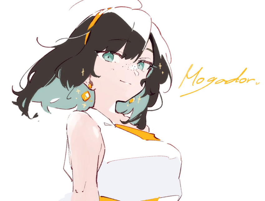 1girl, breasts, brown_hair, character_name, commentary_request, dress, earrings, floating_hair