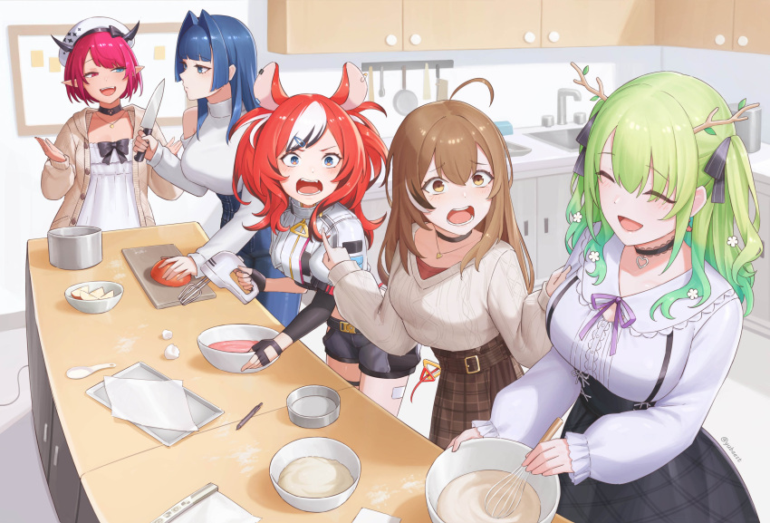 5girls, :d, absurdres, ahoge, animal_ears, antlers, aran_sweater, beret