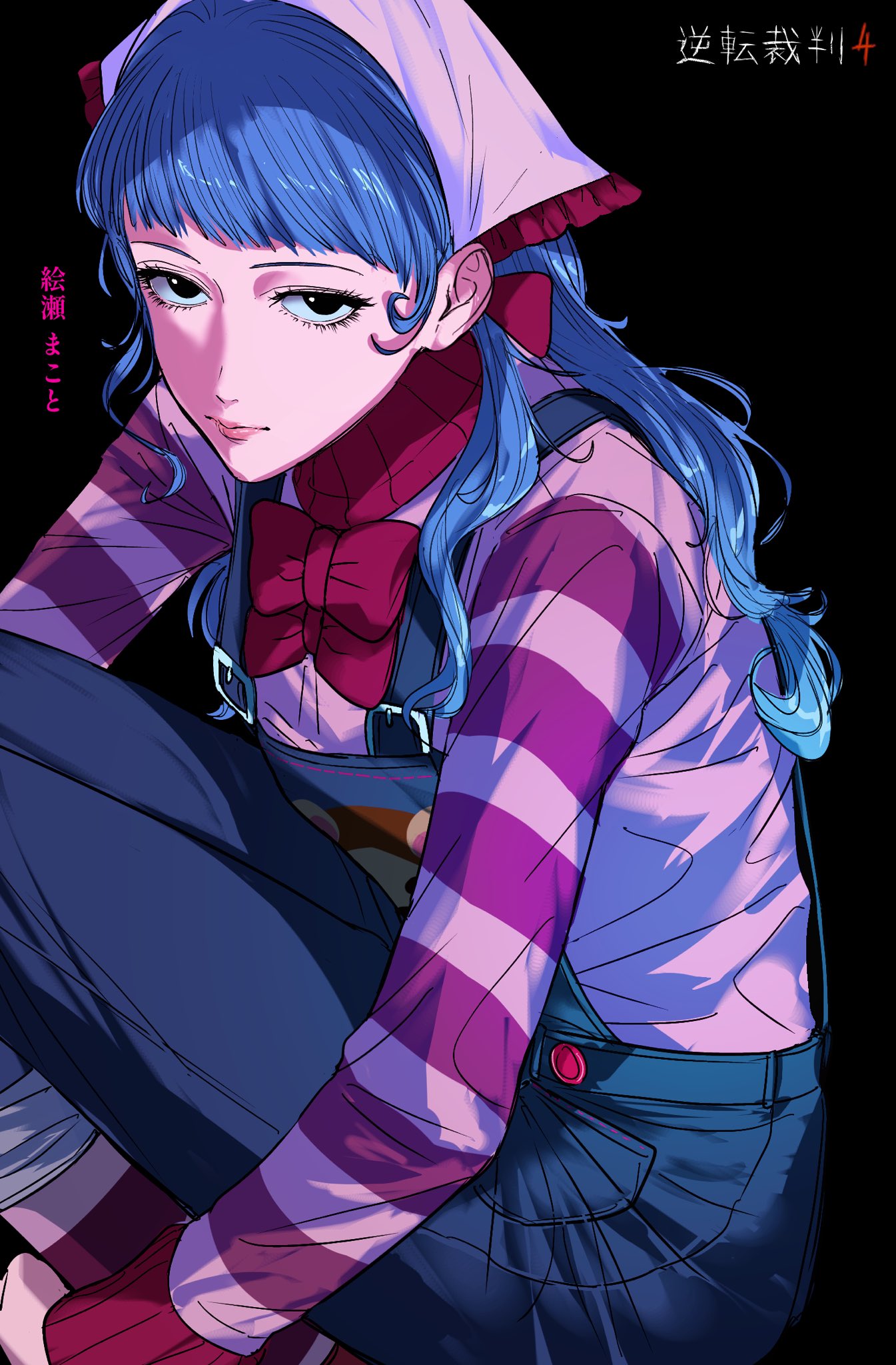 1girl, ace_attorney, amikoiiko, animal_print, apollo_justice:_ace_attorney, black_background, black_eyes, blue_hair