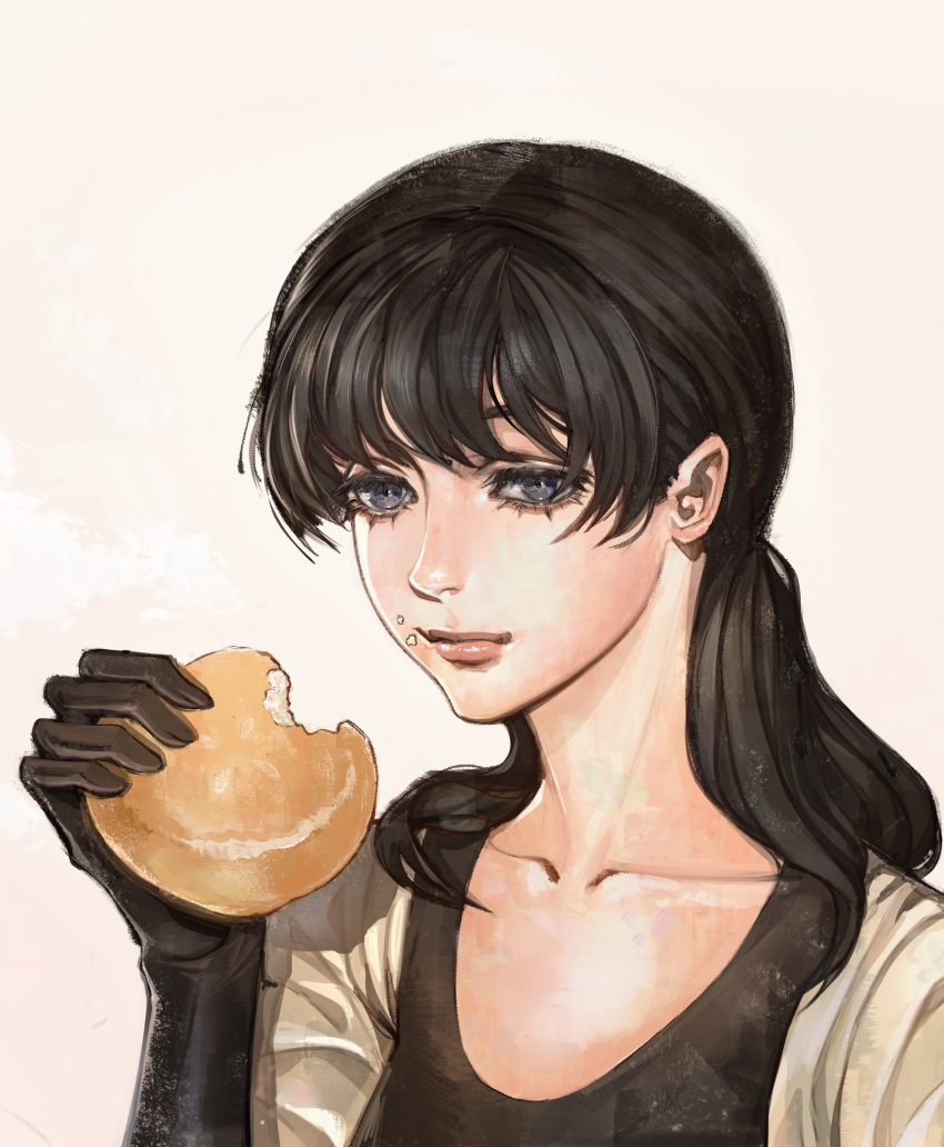 1girl, black_gloves, black_hair, black_shirt, bread, bread_bun, chainsaw_man, closed_mouth