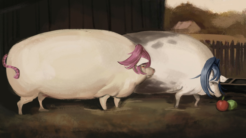 a_pair_of_pigs, animal_focus, animalization, apple, blue_hair, brother_may_i_have_some_oats_(meme), english_commentary, fence