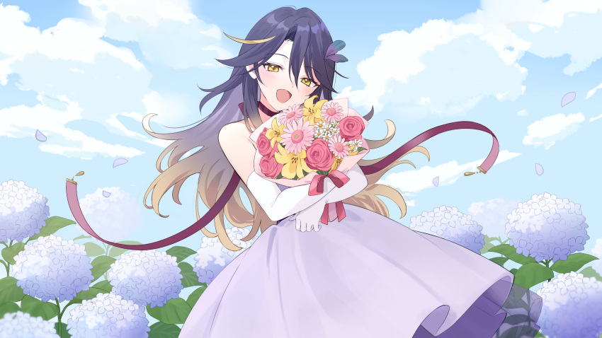 1girl, :d, absurdres, alternate_costume, blonde_hair, blue_sky, blush, bouquet, clouds, commentary, daisy, dress, english_commentary, feather_hair_ornament, feathers, flower, gloves, gradient_hair, hair_ornament, highres, holding, holding_bouquet, hydrangea, long_hair, lua_asuka, multicolored_hair, nifu, petals, pink_flower, production_kawaii, purple_dress, purple_hair, rose, second-party_source, sky, smile, solo, streaked_hair, tongue, virtual_youtuber, white_flower, white_gloves, yellow_eyes