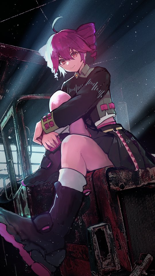 1girl, ahoge, belt, black_boots, black_shirt, black_skirt, boots, brown_belt