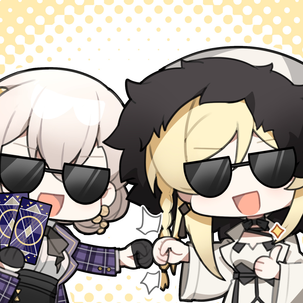 2girls, :d, artist_request, black_ribbon, blonde_hair, braid, card, chibi