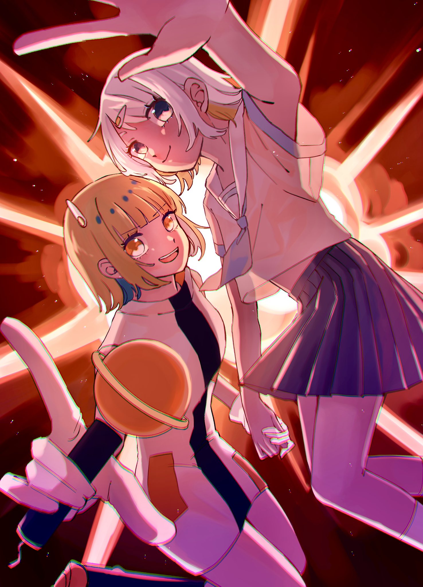 2girls, black_skirt, blonde_hair, blue_hair, blue_necktie, blue_trim, blunt_bangs, brown_eyes