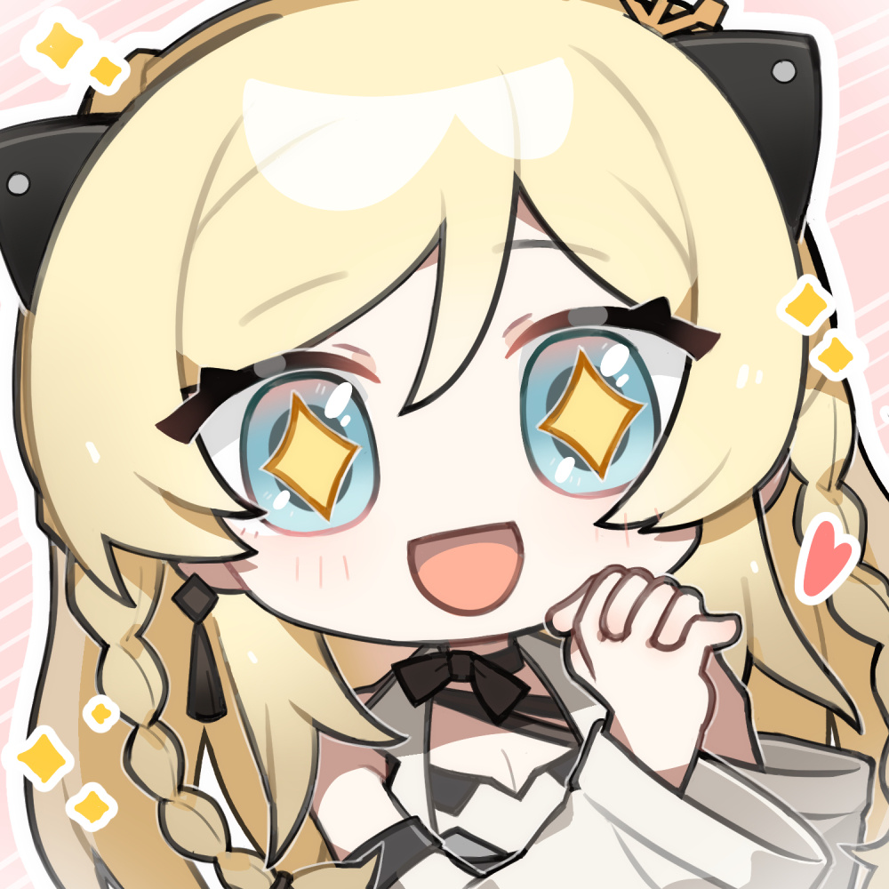 1girl, :d, artist_request, black_ribbon, blonde_hair, blue_eyes, braid, chibi