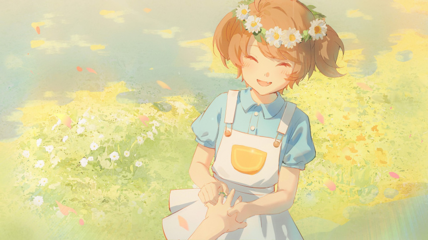 1girl, 2girls, ^_^, blue_shirt, buttons, child, closed_eyes, daisy