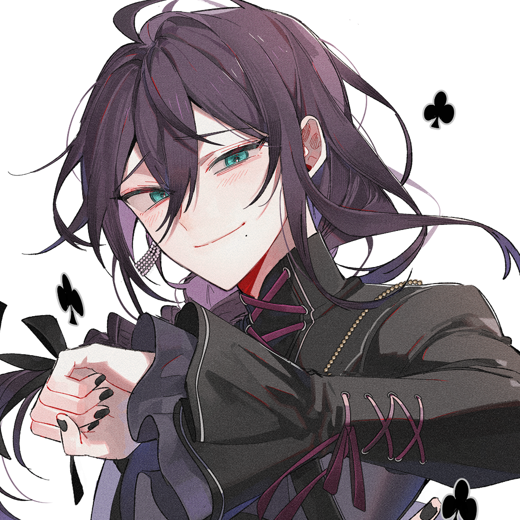 1boy, ahoge, anight, ayase_mayoi, ayase_mayoi_(eerie_dusk), black_nails, black_shirt, clenched_hand