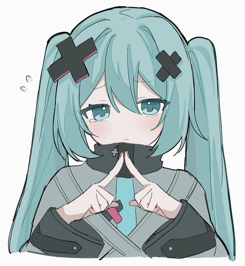 1girl, aqua_eyes, aqua_hair, aqua_nails, aqua_necktie, closed_mouth, coat, commentary
