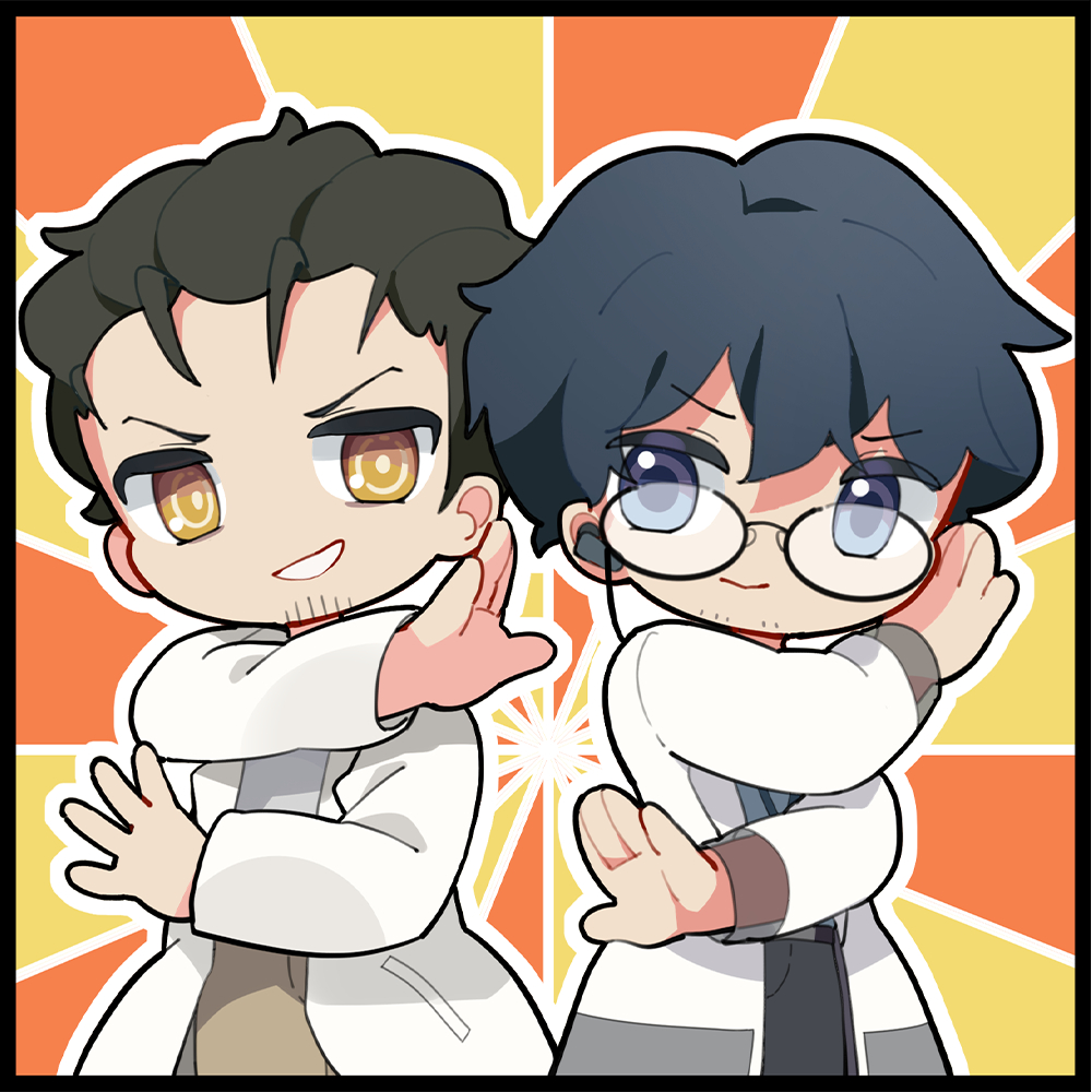 2boys, artist_request, black_hair, blue_eyes, chibi, chibi_only, chinese_commentary, chuunibyou