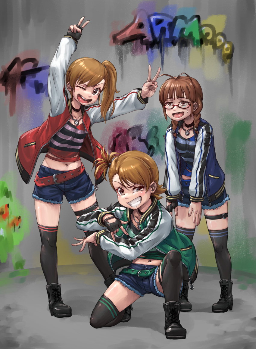 3girls, absurdres, akizuki_ritsuko, antenna_hair, arms_up, belt, black_belt, black_boots