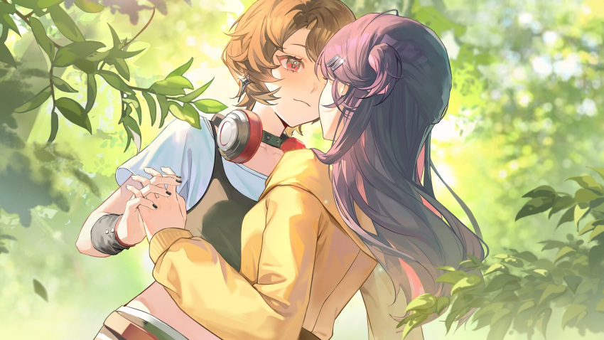 2girls, black_choker, black_nails, branch, brown_hair, choker, closed_mouth, collarbone