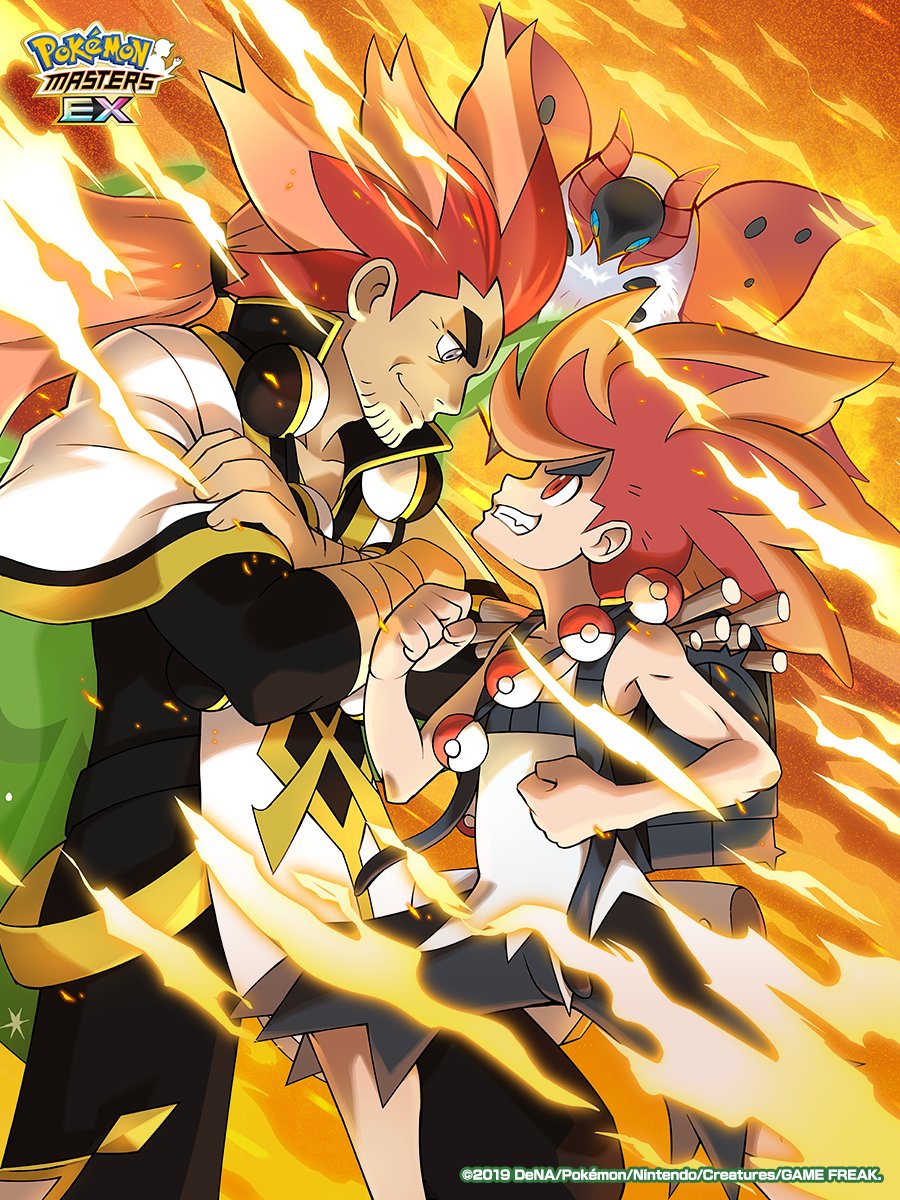 2boys, alder_(arc_suit)_(pokemon), alder_(pokemon), backpack, bag, benga_(pokemon), black_bag, black_pants, cape, clenched_hands, commentary_request, eye_contact, facial_hair, fire, from_side, grandfather_and_grandson, grey_eyes, grin, highres, looking_at_another, male_focus, multiple_boys, official_art, orange_hair, pants, poke_ball, poke_ball_(basic), pokemon, pokemon_(creature), pokemon_bw2, pokemon_masters_ex, red_eyes, red_hair, shirt, sleeveless, sleeveless_shirt, smile, teeth, torn_clothes, torn_pants, volcarona, watermark, white_cape, white_shirt