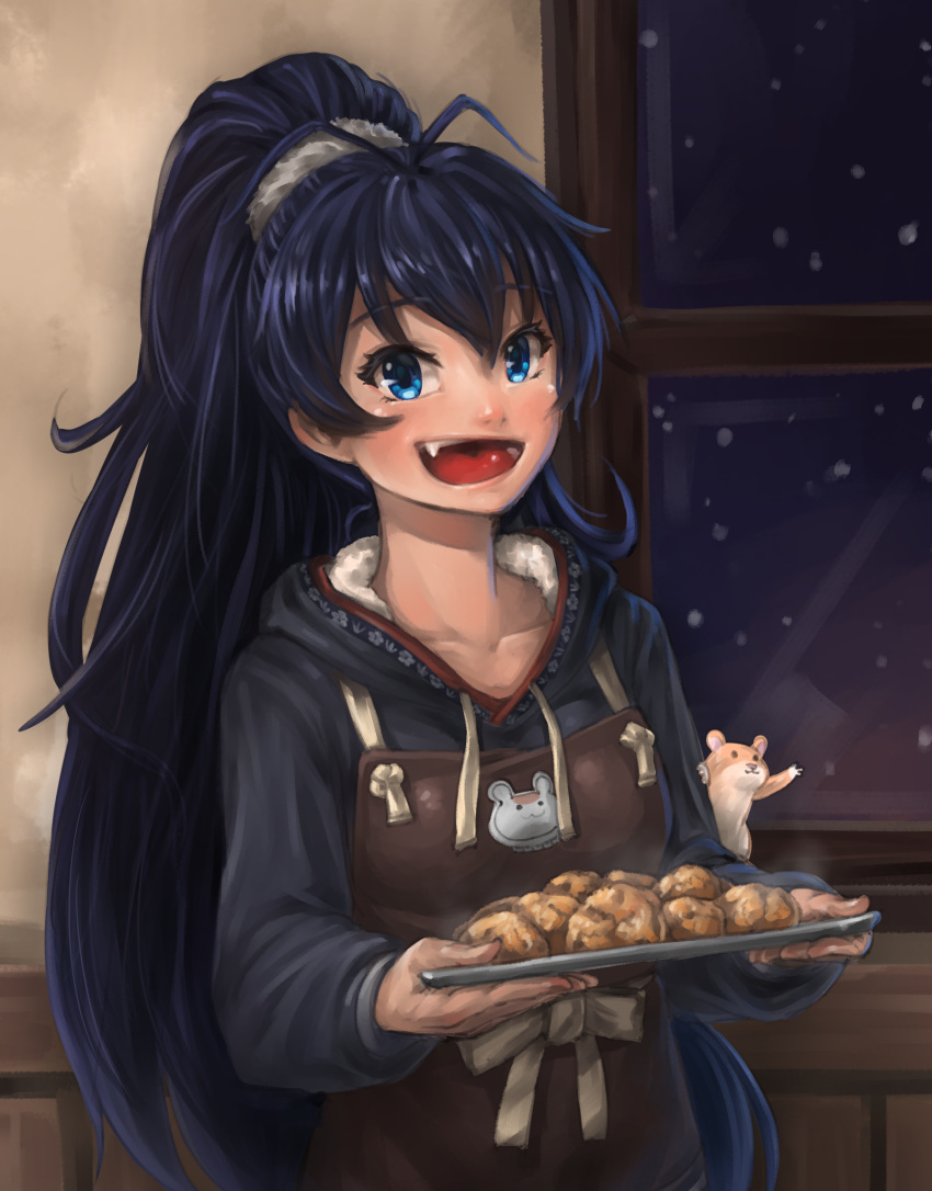 1girl, animal, antenna_hair, apron, black_hair, black_hoodie, blue_eyes, blush