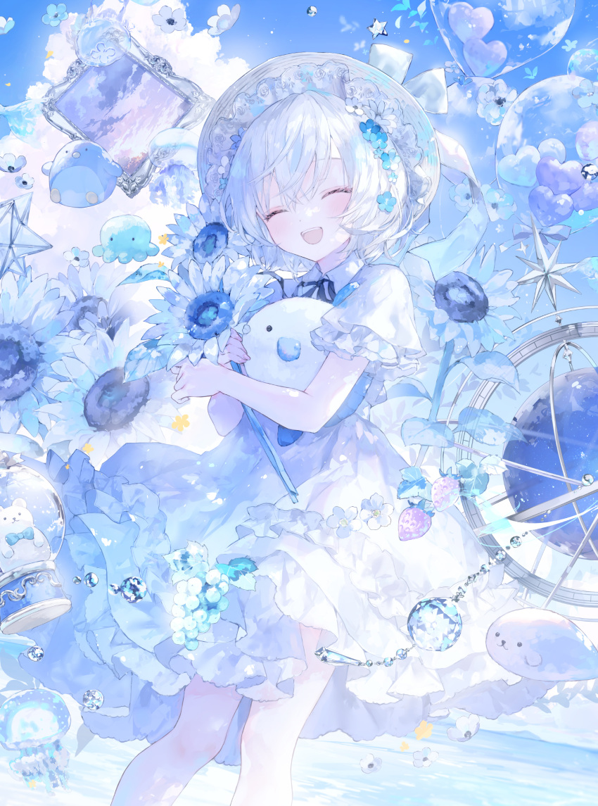 1girl, :d, ^_^, absurdres, balloon, black_ribbon, blue_flower, blue_sky, closed_eyes, clouds, collared_dress, commentary, day, dress, eshi_100_nin_ten, facing_viewer, feet_out_of_frame, flower, food, frilled_dress, frills, fruit, hair_between_eyes, hair_flower, hair_ornament, hat, heart_balloon, highres, holding, holding_flower, neck_ribbon, onineko, original, ribbon, short_sleeves, sky, smile, solo, strawberry, white_dress, white_flower, white_hair, white_hat