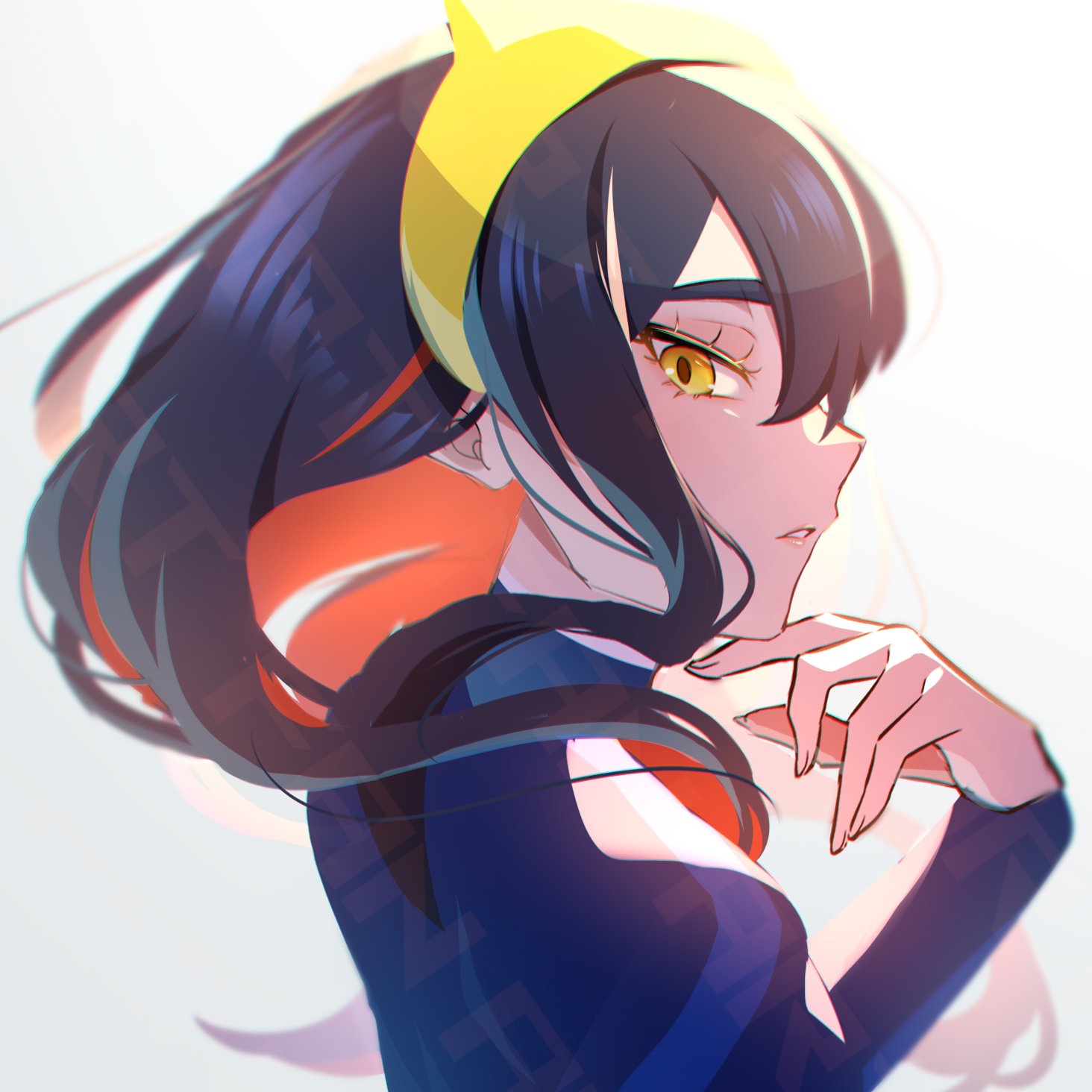 1girl, black_hair, blue_jacket, carmine_(pokemon), colored_inner_hair, eyelashes, from_side, hairband