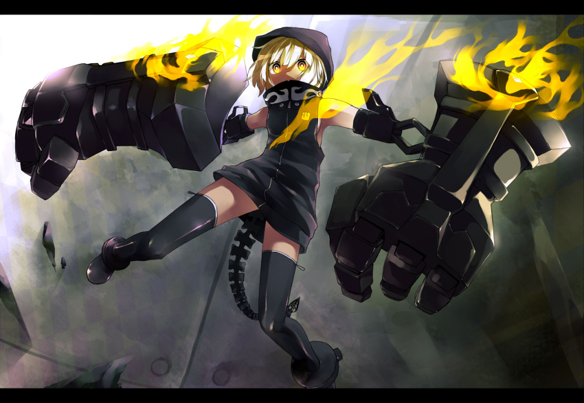 black_rock_shooter, breasts, en@rain, fire, flat_chest, highres, hood, hoodie