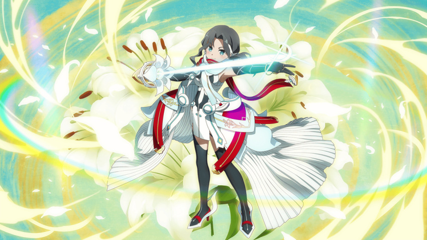 armor, black_gloves, black_hair, black_thighhighs, flower, gloves, green_eyes, magical_girl
