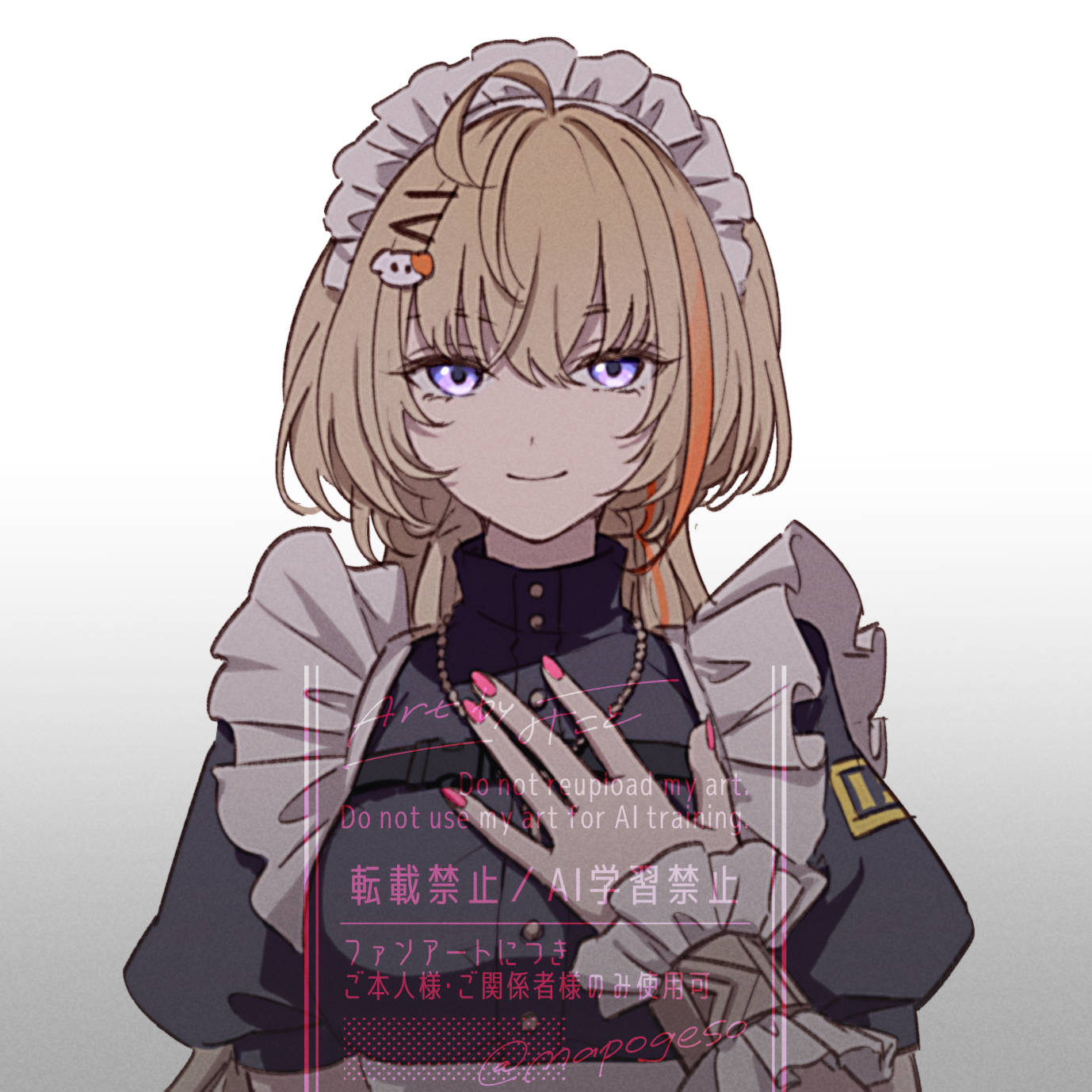 1girl, ahoge, animal_hair_ornament, apron, artist_name, black_dress, blonde_hair, breasts