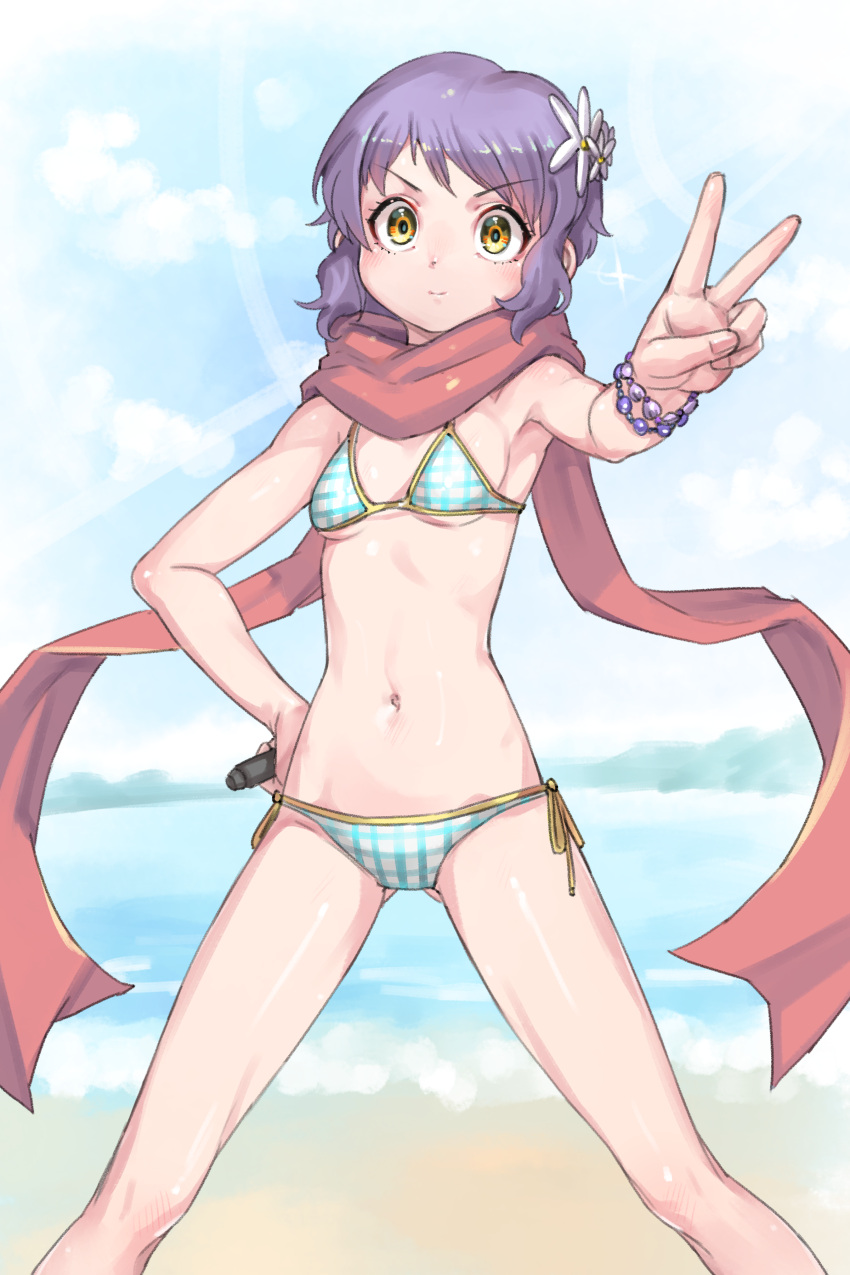 1girl, absurdres, armpits, ass_visible_through_thighs, beach, bikini, blue_bikini, blue_sky