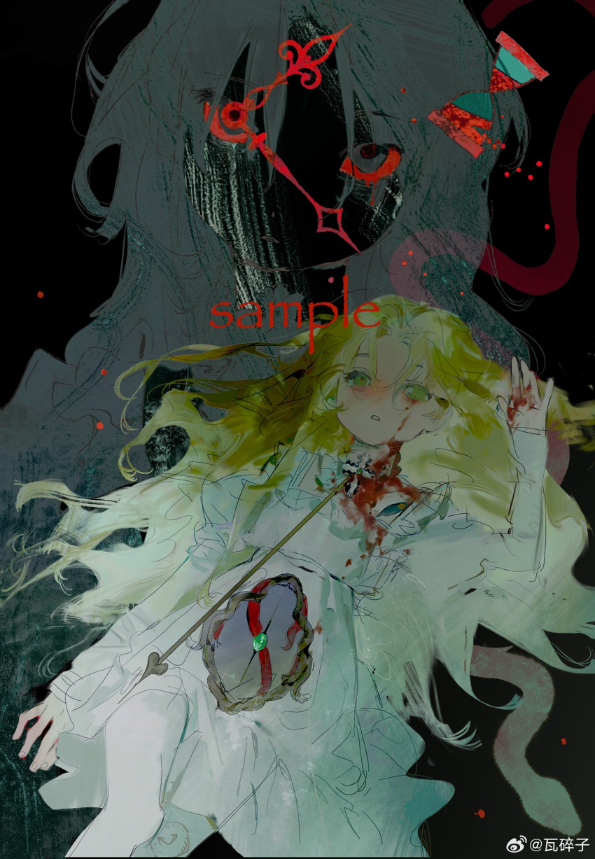 black_hair, blood, blood_on_face, green_hair, highres, lying, original, reversible_couple