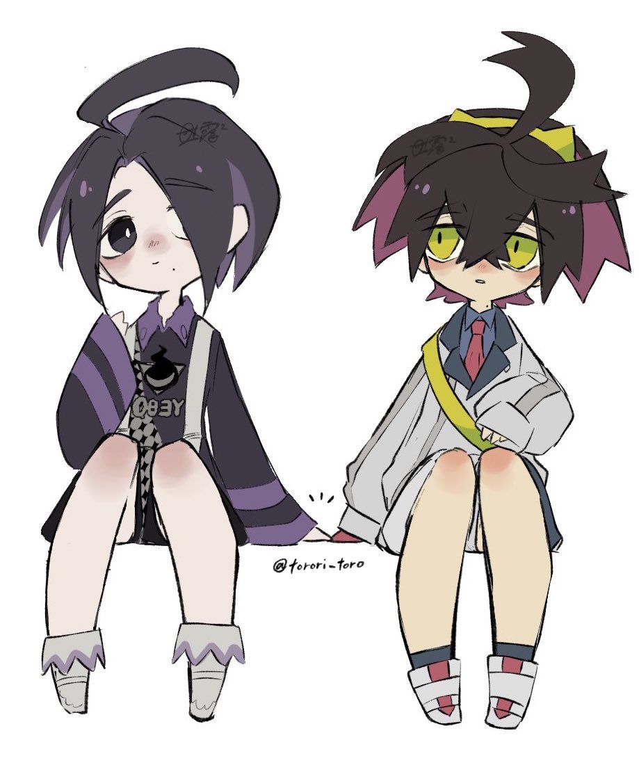 2boys, allister_(pokemon), black_hair, blue_shirt, chibi, closed_mouth, collared_shirt, crossed_bangs, hair_over_one_eye, hairband, jacket, kieran_(pokemon), long_sleeves, male_focus, mole, mole_on_neck, mole_under_mouth, multicolored_hair, multiple_boys, parted_lips, pokemon, pokemon_sv, pokemon_swsh, purple_hair, shirt, shoes, shorts, simple_background, sitting, sleeves_past_wrists, torori_toro_(oimo_kenpi), twitter_username, white_background, yellow_eyes, yellow_hairband