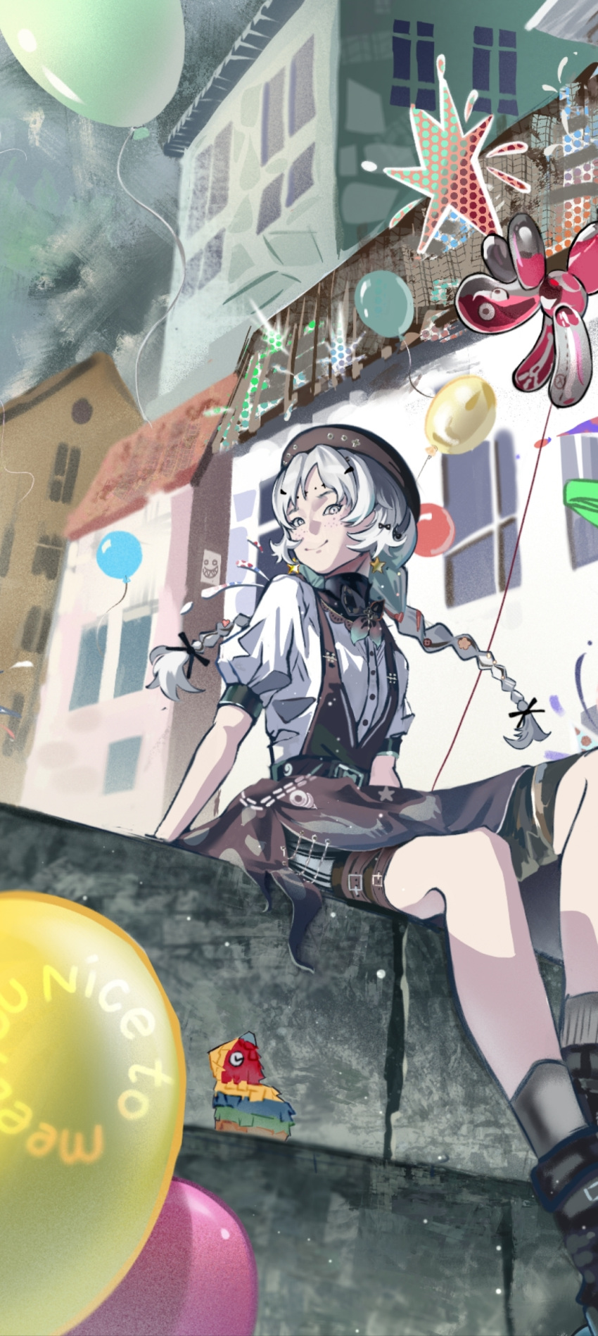 1girl, absurdres, balloon, balloon_animal, balloon_party, beret, black_boots, black_bow