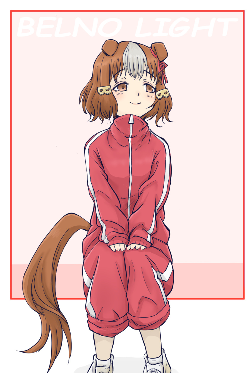 1girl, animal_ears, berno_light_(umamusume), bob_cut, border, brown_eyes, brown_hair, character_name
