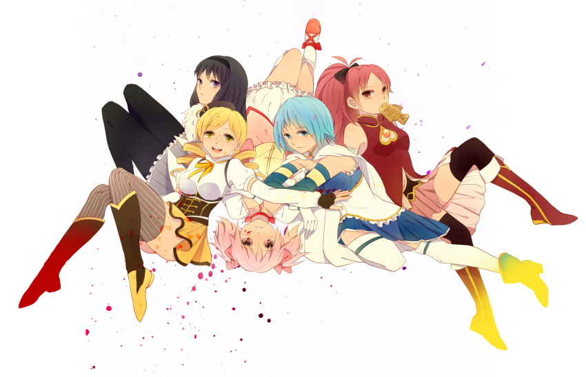 5girls, akemi_homura, black_hair, blonde_hair, blood, blood_stain, blue_hair, boots