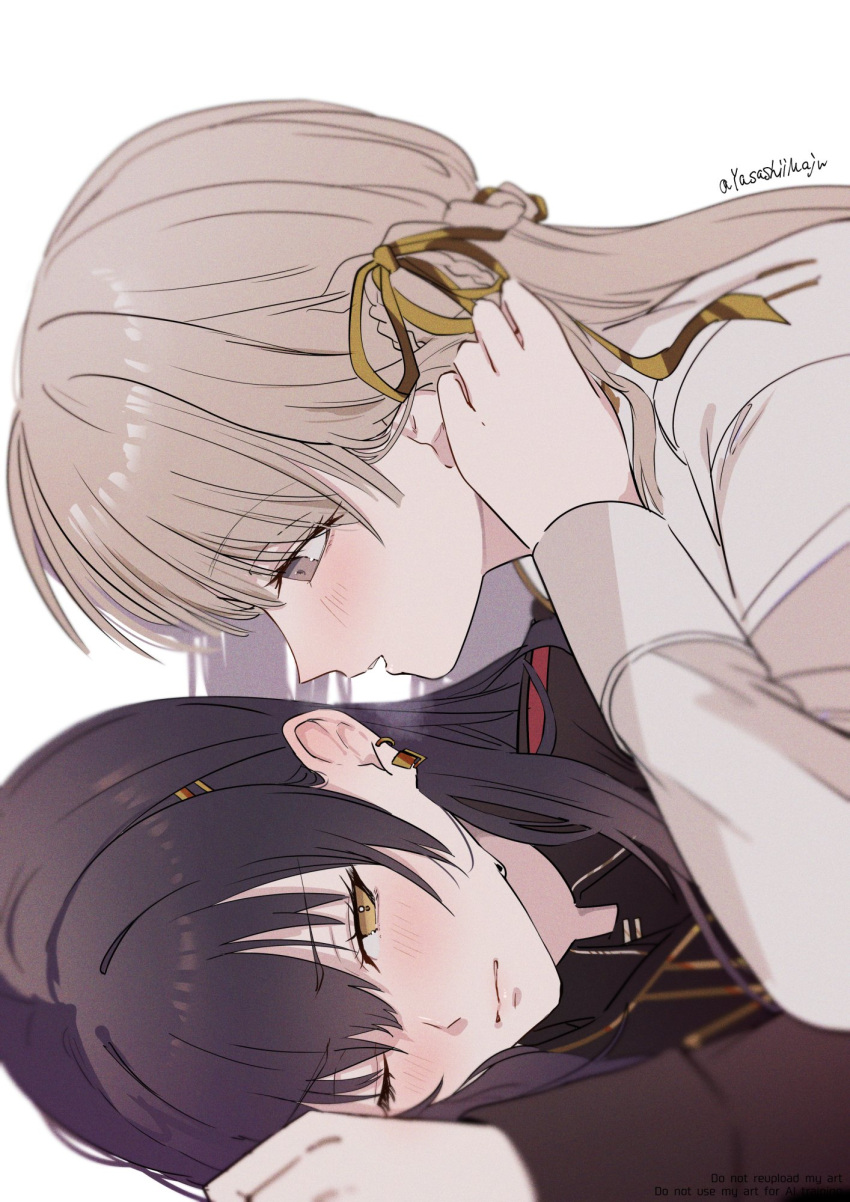 2girls, black_hair, black_jacket, blush, brown_hair, brown_ribbon, closed_mouth, commentary_request