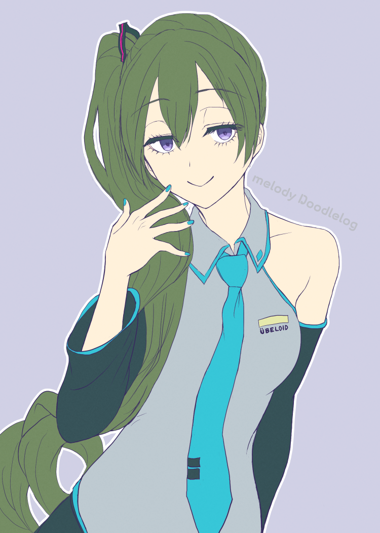 1girl, ai-da-melody, bare_shoulders, black_skirt, black_sleeves, blue_nails, blue_necktie, closed_mouth, collared_shirt, cosplay, detached_sleeves, green_hair, grey_shirt, hair_between_eyes, hand_up, hatsune_miku, hatsune_miku_(cosplay), long_hair, long_sleeves, looking_at_viewer, nail_polish, necktie, shirt, side_ponytail, signature, skirt, sleeveless, sleeveless_shirt, smile, solo, sousou_no_frieren, tie_clip, ubel_(sousou_no_frieren), very_long_hair, violet_eyes, vocaloid, wide_sleeves