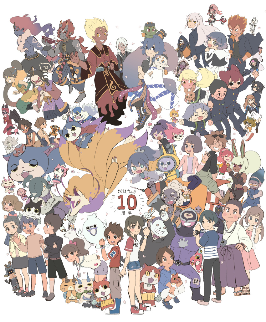 1101080p, 6+boys, 6+girls, absurdres, amano_keita, amano_natsume, animal_ears, anniversary, backpack, bag, black_hair, blonde_hair, blue_hair, boots, bow, bowtie, braid, brown_eyes, brown_hair, bunny_mint, cape, character_request, commentary_request, crossed_arms, emi-chan, enraenra_(youkai_watch), eye_mask, eyewear_on_head, flower, fubukihime, fuyunyan, glasses, gloves, grey_hair, hair_bow, hair_flower, hair_ornament, hair_over_one_eye, hat, highres, holding, horns, hyakkihime, japanese_clothes, jibanyan, kimono, kodama_fumika, koma-san, komasan, kyuubi_(youkai_watch), midriff, misora_inaho, multiple_boys, multiple_girls, obi, oogama_(youkai_watch), orange_eyes, orange_hair, orochi_(youkai_watch), petals, pink_bow, ponytail, purple_hair, rabbit_ears, red_cape, red_eyes, red_hair, sailor_collar, sailornyan, saki-chan_(youkai_watch), sandals, sash, school_uniform, shimomachi_shin, shorts, skirt, skyshariman, smile, speech_bubble, sunglasses, sweater, thought_bubble, tsubakihime_(youkai_watch), tsuchigumo_(youkai_watch), usapyon, violet_eyes, watch, whisper_(youkai_watch), white_hair, wings, yellow_eyes, youkai_(youkai_watch), youkai_watch, youkai_watch_(object), youkai_watch_2, youkai_watch_3, youkai_watch_4