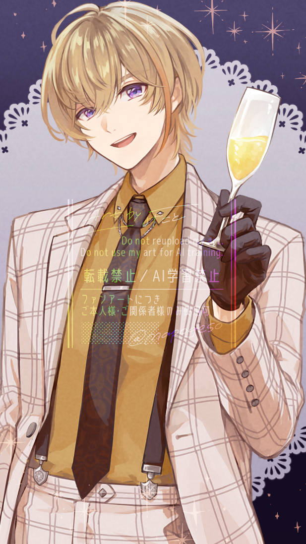 1boy, :d, ahoge, alcohol, artist_name, black_necktie, blonde_hair, champagne