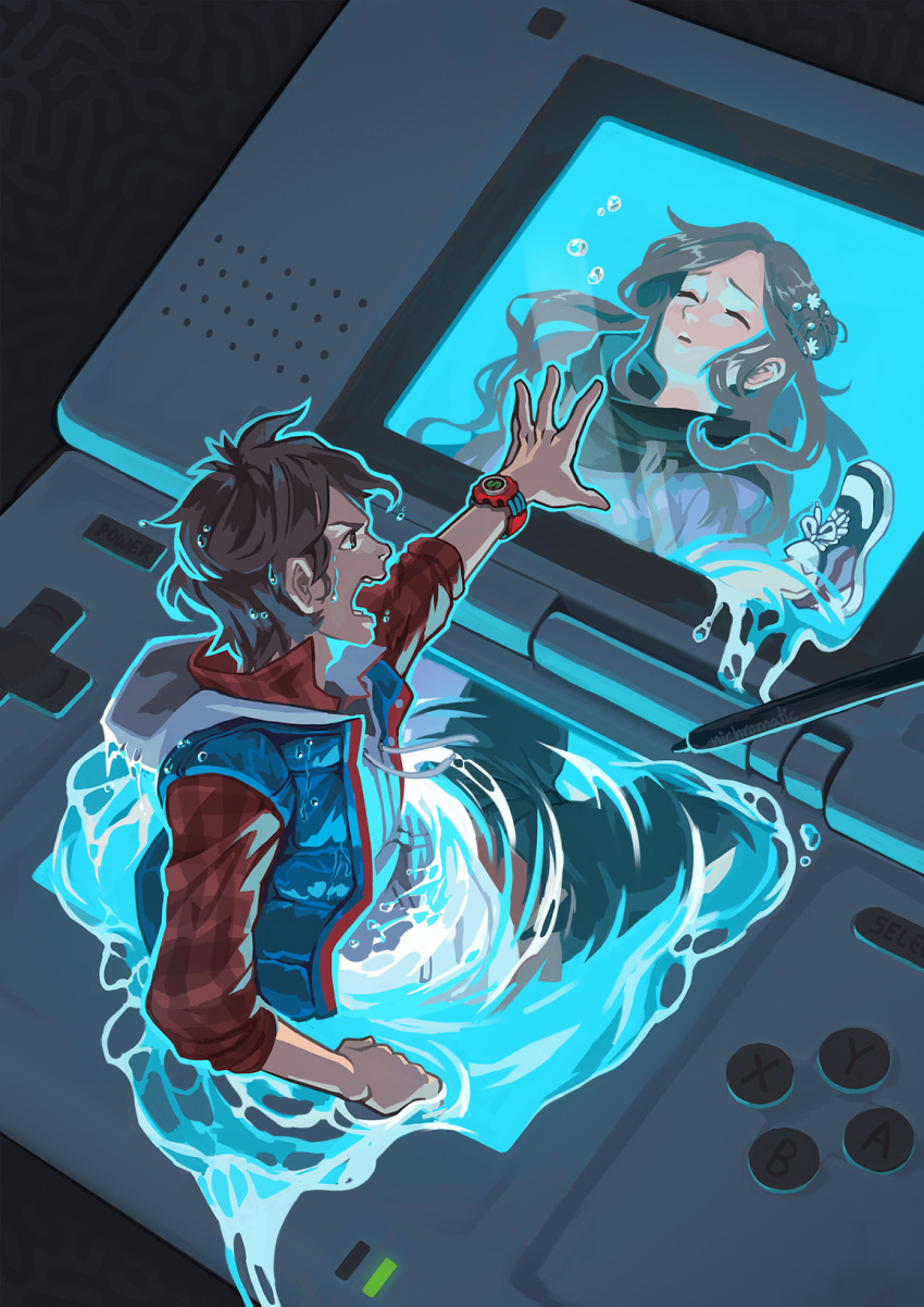 1boy, 1girl, black_background, blue_vest, brown_hair, closed_eyes, english_commentary, flower, hair_flower, hair_ornament, handheld_game_console, highres, junpei_(kyokugen_dasshutsu), kurashiki_akane, kyokugen_dasshutsu, kyokugen_dasshutsu:_9_jikan_9_nin_9_no_tobira, long_hair, nichromatic, nintendo_ds, open_mouth, outstretched_arm, pants, plaid_clothes, plaid_shirt, red_shirt, shirt, spoilers, stylus, underwater, vest, watch, watch, water, wet, wet_clothes, white_flower