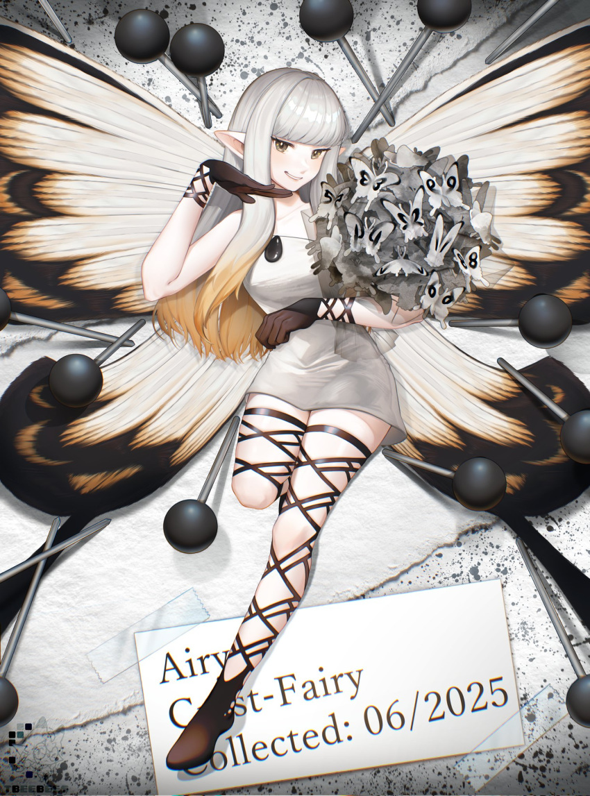 1girl, airy_(bravely_default), black_gloves, bravely_default:_flying_fairy, bravely_default_(series), butterfly_wings, cross-laced_clothes, cross-laced_legwear, dress, fairy, gloves, highres, insect_pin, insect_wings, long_hair, pin, pointy_ears, short_dress, smile, tbeebees, white_dress, white_hair, wings