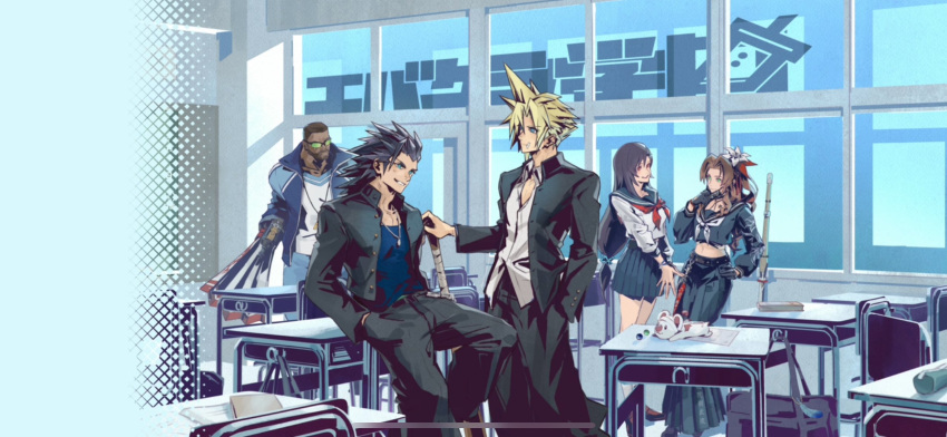 2girls, 3boys, aerith_gainsborough, aerith_gainsborough_(midgard_seventh_high_school), barret_wallace, barret_wallace_(midgard_seventh_high_school), character_doll, cloud_strife