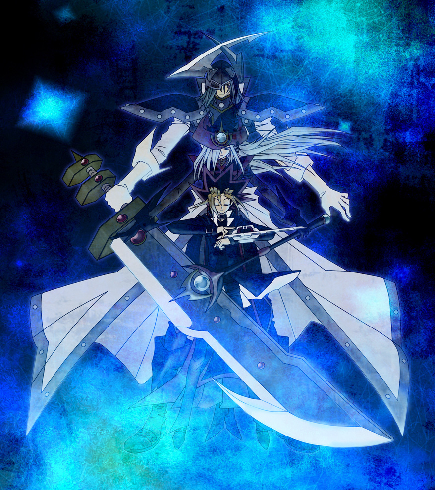 1girl, 2boys, black_gloves, blue_jacket, closed_eyes, duel_disk, duel_monster, fake_horns