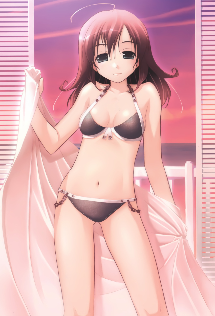 absurdres, ahoge, akata_itsuki, bikini, breasts, brown_hair, cleavage, copyright_request