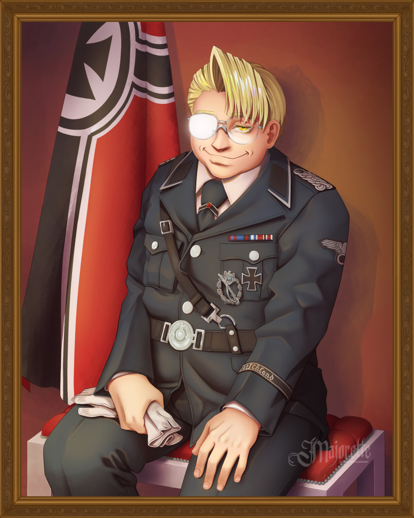 1boy, absurdres, artist_name, belt, belt_buckle, blonde_hair, buckle, flag