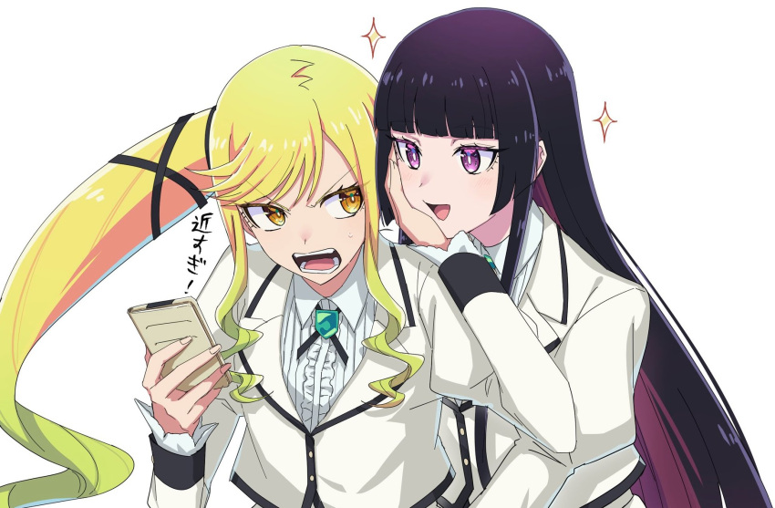 2girls, aoki_shizumi, black_hair, blonde_hair, cellphone, hand_on_another's_face, highres, holding
