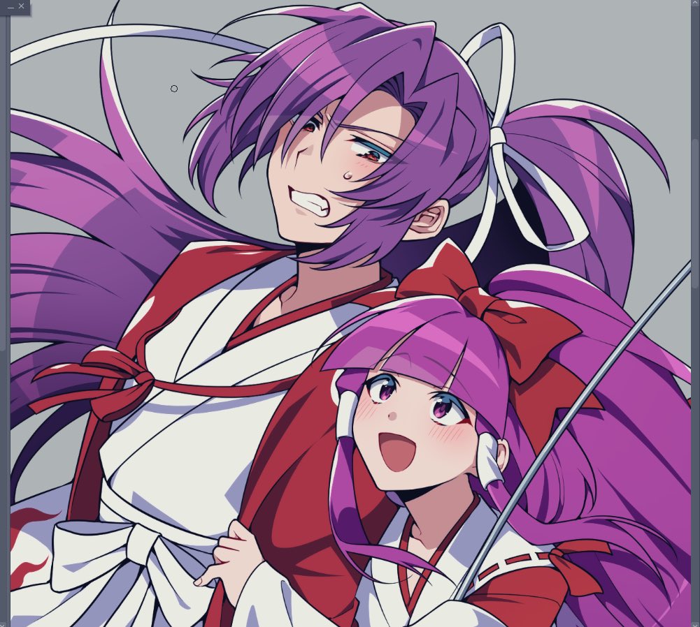 2girls, blush, bow, clenched_teeth, grey_background, hair_bow, hair_ribbon, hair_tubes