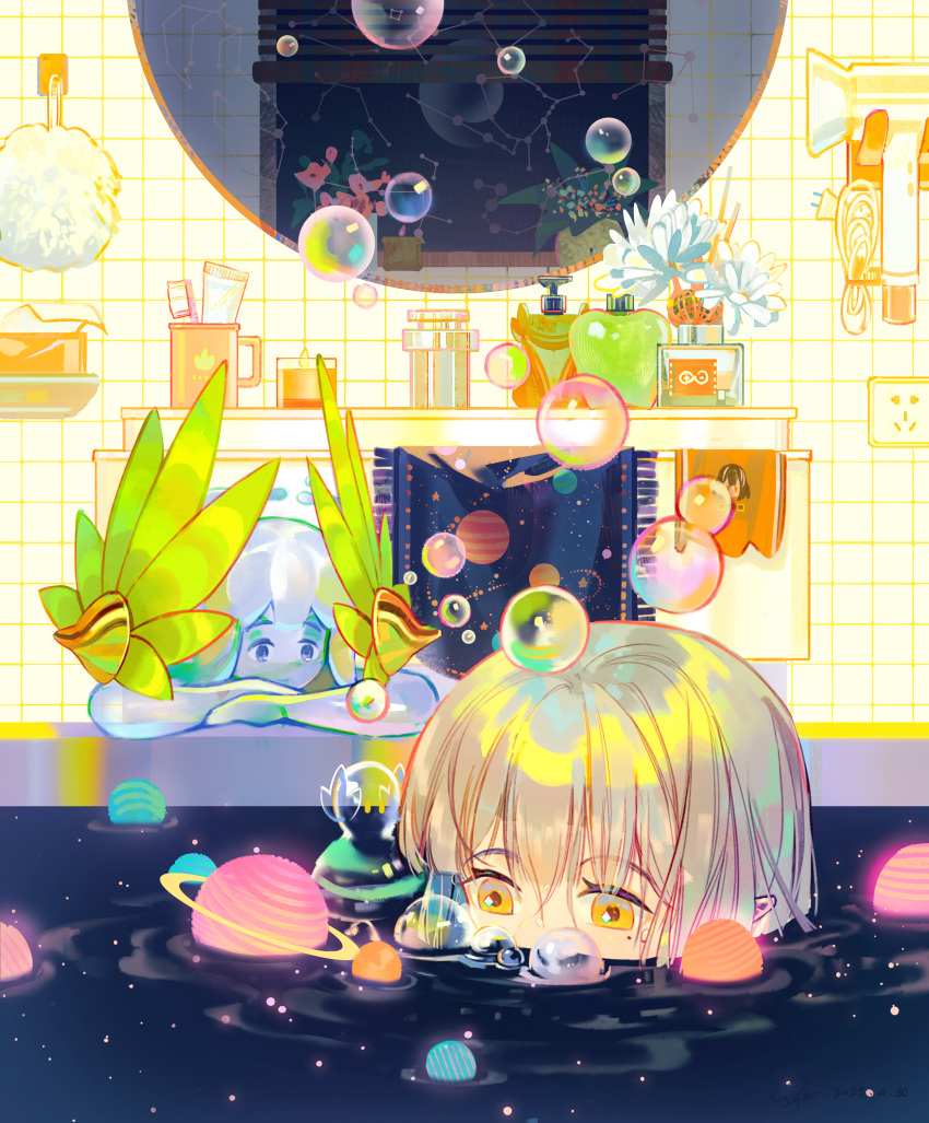 1girl, absurdres, arknights, bath, bath_bomb, bathing, bathroom, brown_hair, bubble, commentary, constellation, crown, cup, electrical_outlet, elf, flower, hair_dryer, highres, indoors, laurel_crown, lyuqiu, mirror, mole, mole_under_eye, muelsyse_(arknights), orange_eyes, partially_submerged, plastic_bottle, pointy_ears, rhine_lab_logo, shampoo_bottle, soap_bottle, soap_bubbles, toothbrush, toothpaste, towel, unworn_crown, white_flower