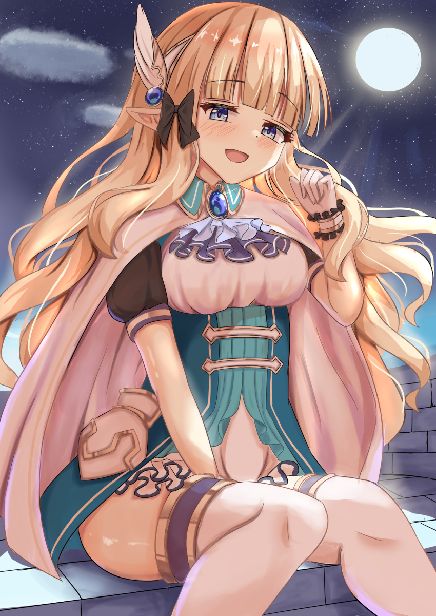 absurdres, arm_between_legs, black_bow, blonde_hair, blue_eyes, blue_gemstone, blunt_bangs, bow