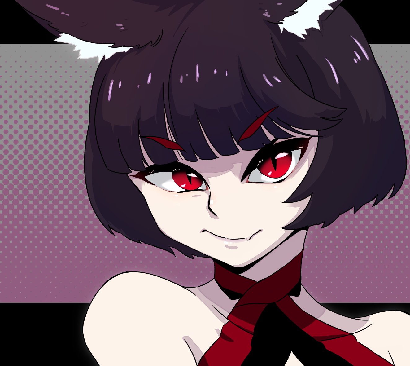 1girl, animal_ear_fluff, animal_ears, azur_lane, bare_shoulders, black_hair, bob_cut, cat_ears, close-up, closed_mouth, collarbone, evil_smile, fang, looking_at_viewer, mismatched_eyebrows, portrait, red_eyes, short_hair, skin_fang, smile, solo, straight-on, swept_bangs, yamashiro_(azur_lane), yamashiro_(meta)_(azur_lane), zuwoss